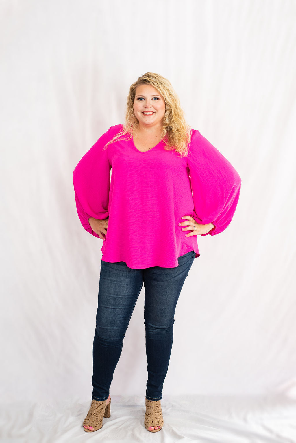 Basic Solid Blouse with Long Bubble Sleeves in Plus Size by Jodifl