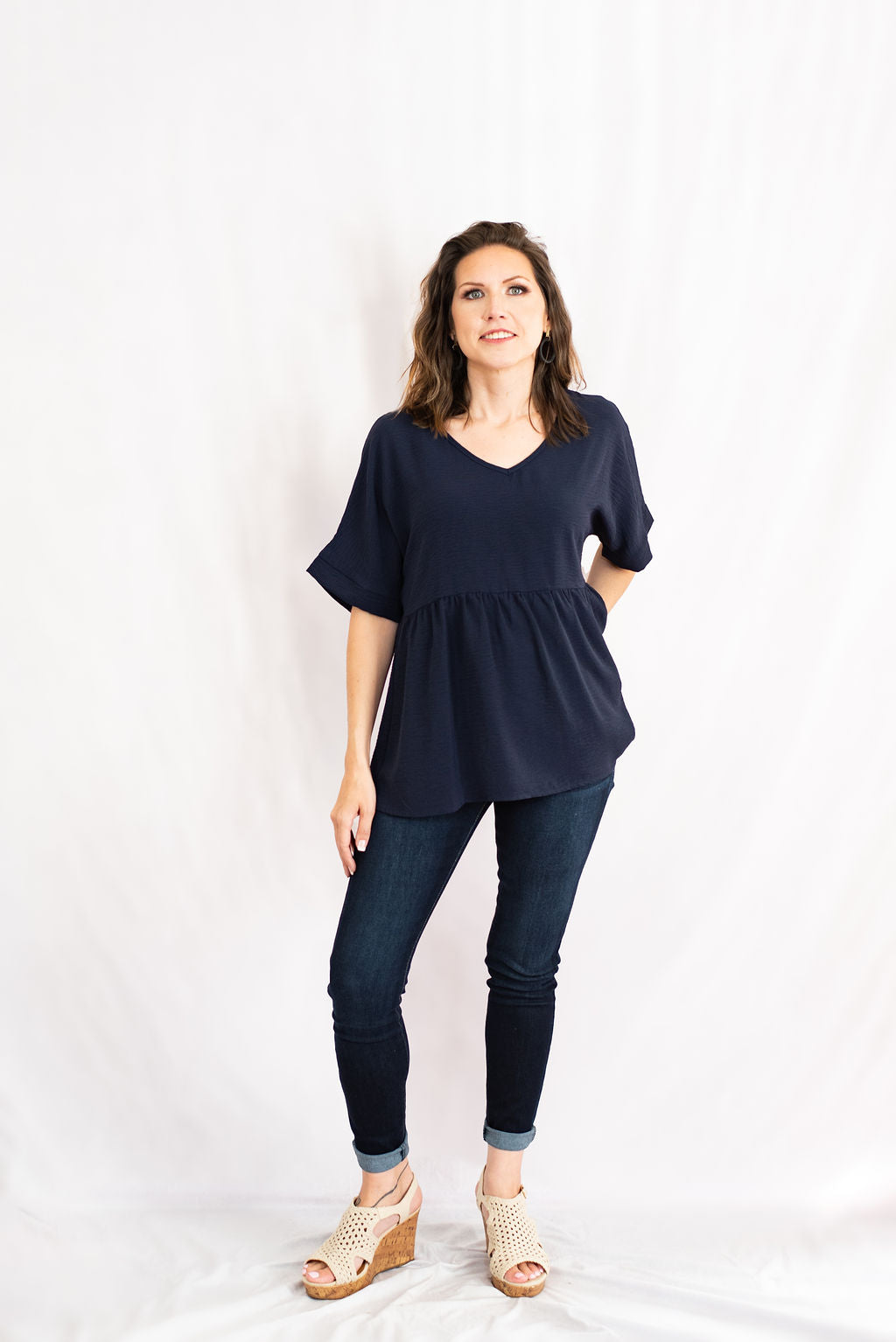 Basic V Neck Babydoll Tunic Top by Jodifl