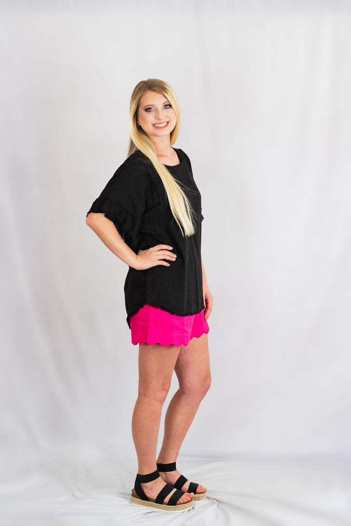 Umgee Black Frayed Hem Tunic Top with Ruffle Sleeves – Hometown