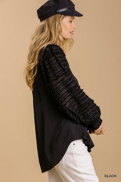Black Satin Blouse with Mesh Bubble Sleeves by Umgee Clothing