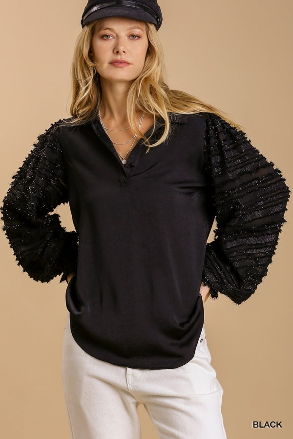 Black Satin Blouse with Mesh Bubble Sleeves by Umgee Clothing