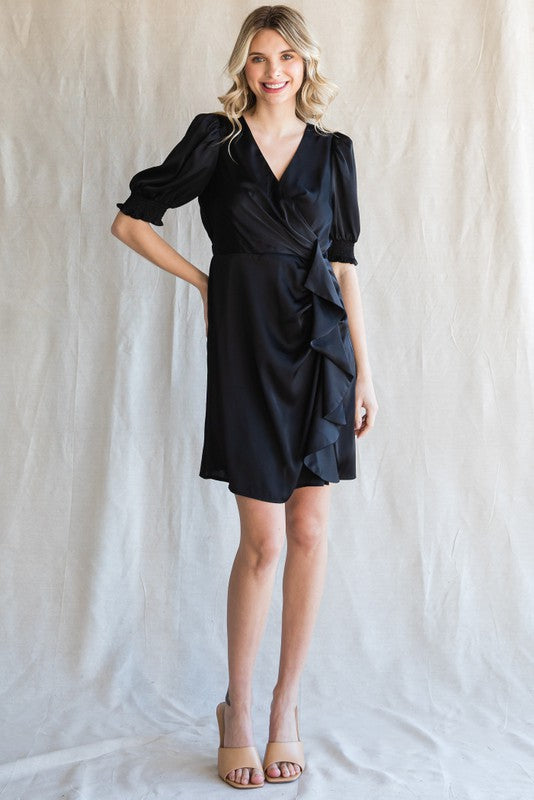 Black Satin Dress with Side Ruffle Detail by Jodifl Clothing