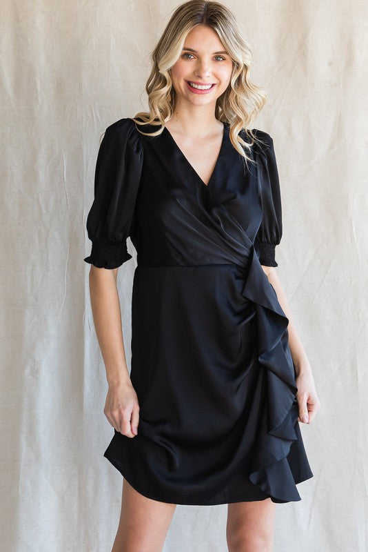 Black Satin Dress with Side Ruffle Detail by Jodifl Clothing