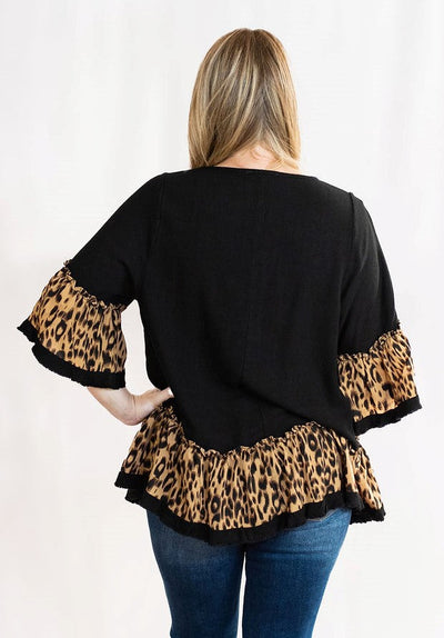 Black Tunic Top with Animal Print Ruffle Trim by Umgee Clothing