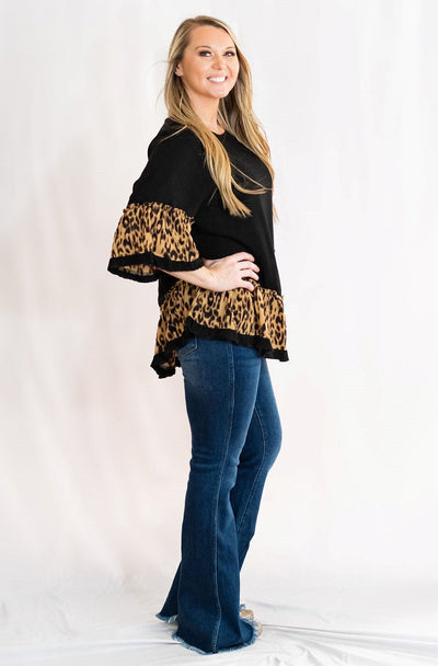 Black Tunic Top with Animal Print Ruffle Trim by Umgee Clothing