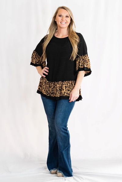 Black Tunic Top with Animal Print Ruffle Trim by Umgee Clothing