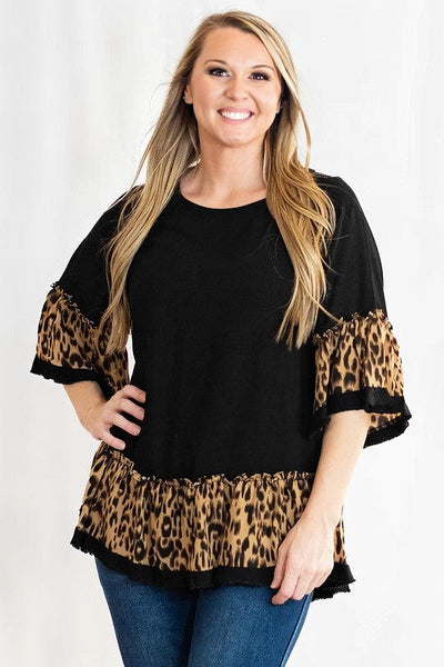 Black Tunic Top with Animal Print Ruffle Trim by Umgee Clothing