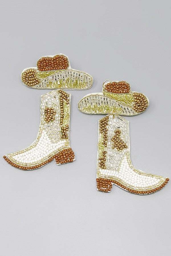Bodie White Cowgirl Hat & Boot Seed Bead Earrings
