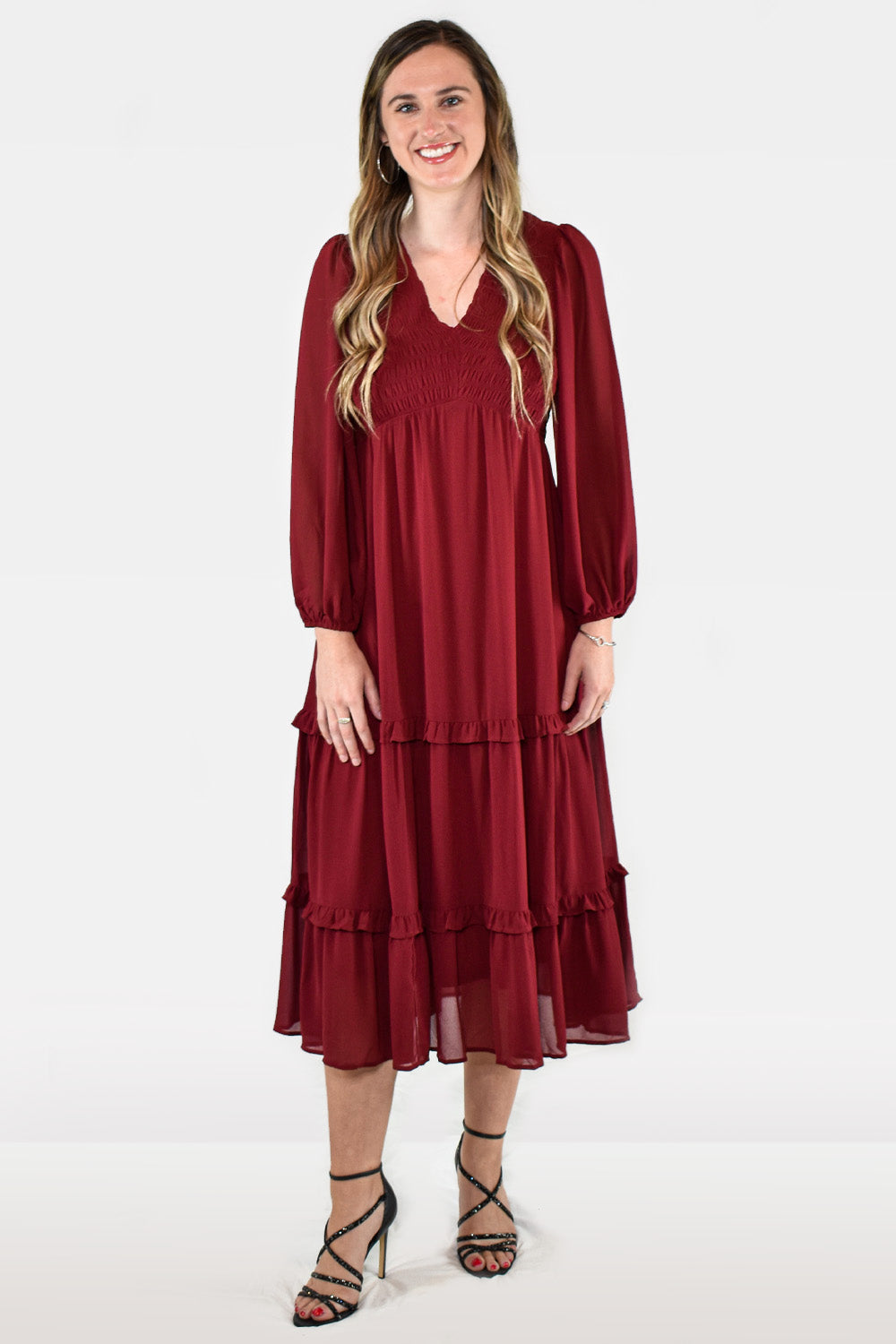 Burgundy Smocked Bodice Maxi Dress by Jodifl Clothing
