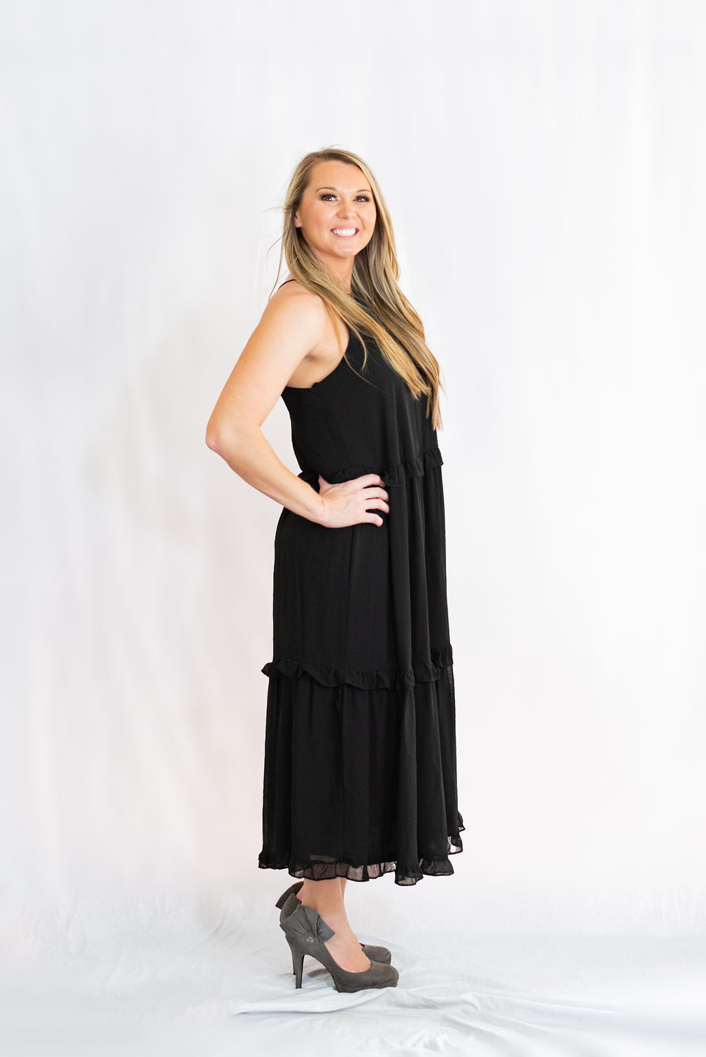 she + sky black dress She & Sky Back Cutout Dress