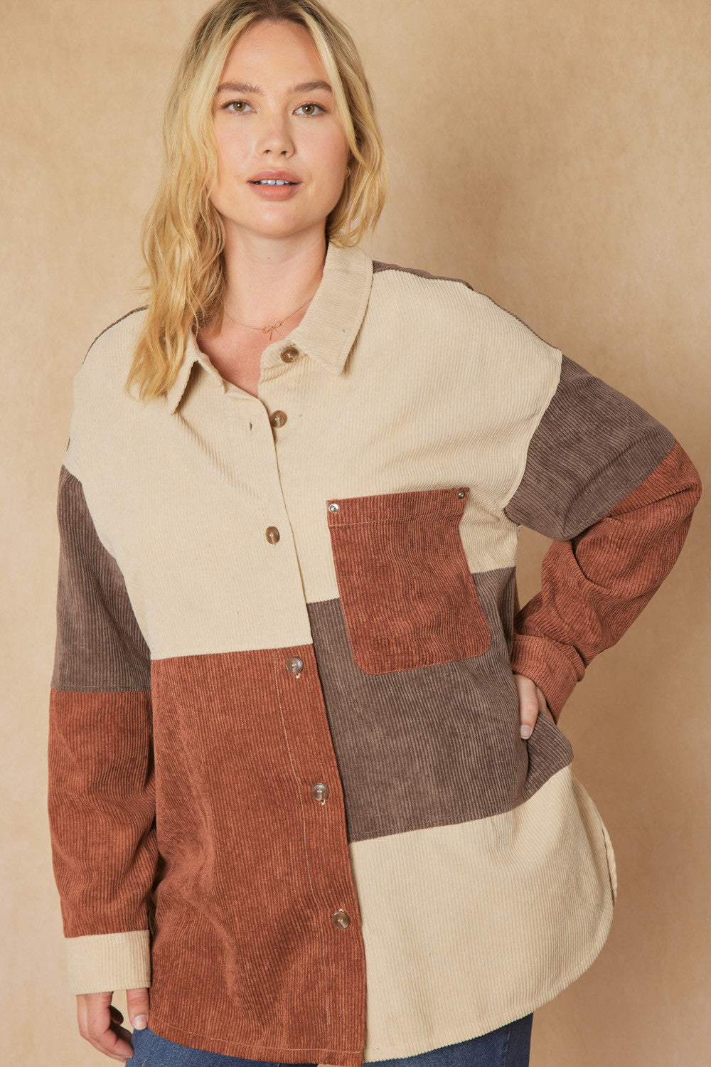 Colorblock Corduroy Button Up Shacket in Plus Size by Entro