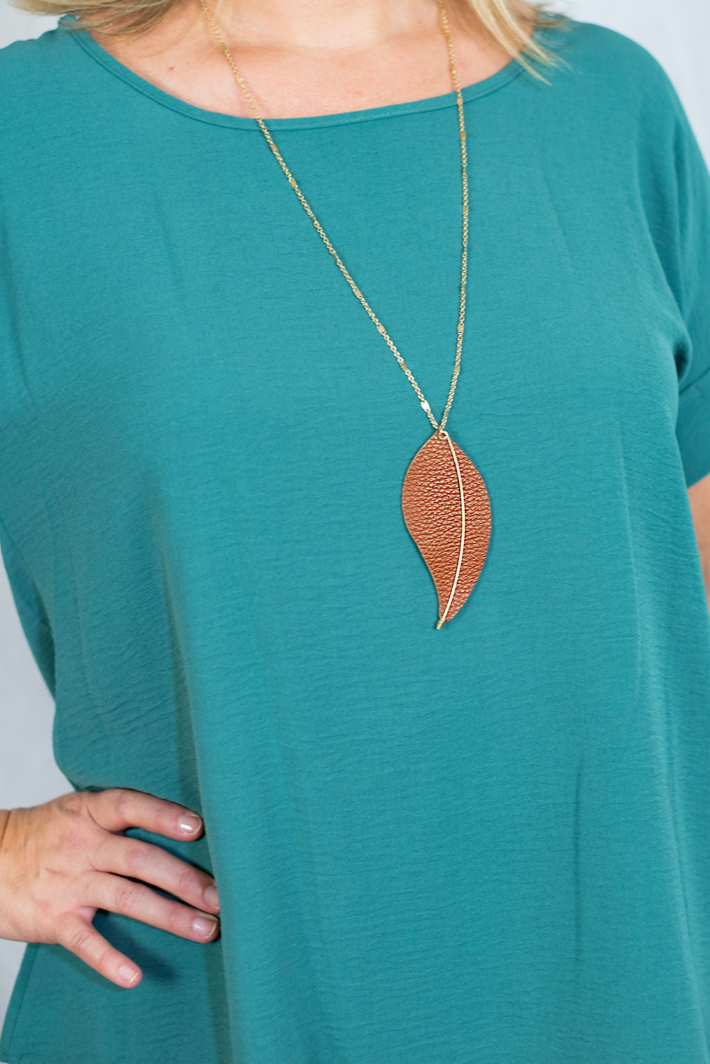 Crave Gold-tone and Caramel Faux Leather Leaf Pendant Necklace