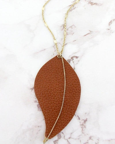 Crave Gold-tone and Caramel Faux Leather Leaf Pendant Necklace