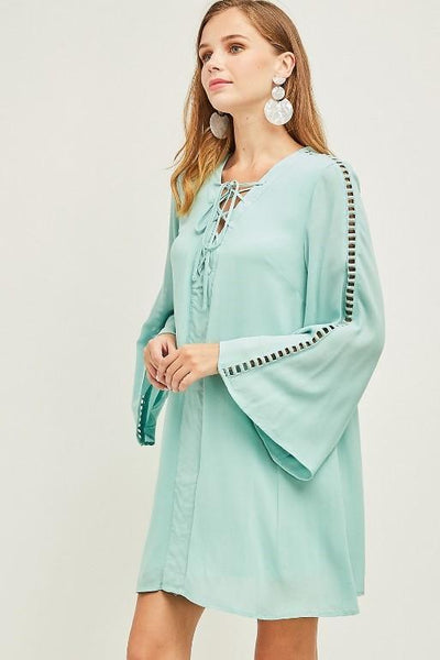 Crochet Bell Sleeve Mint Shift Dress by Entro