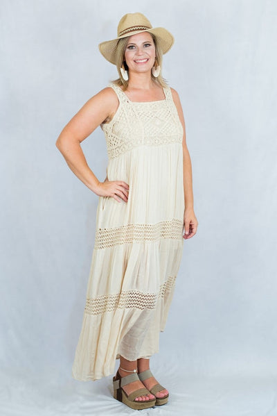 Crochet Detailed Ruffle Maxi Dress by Easel Clothing