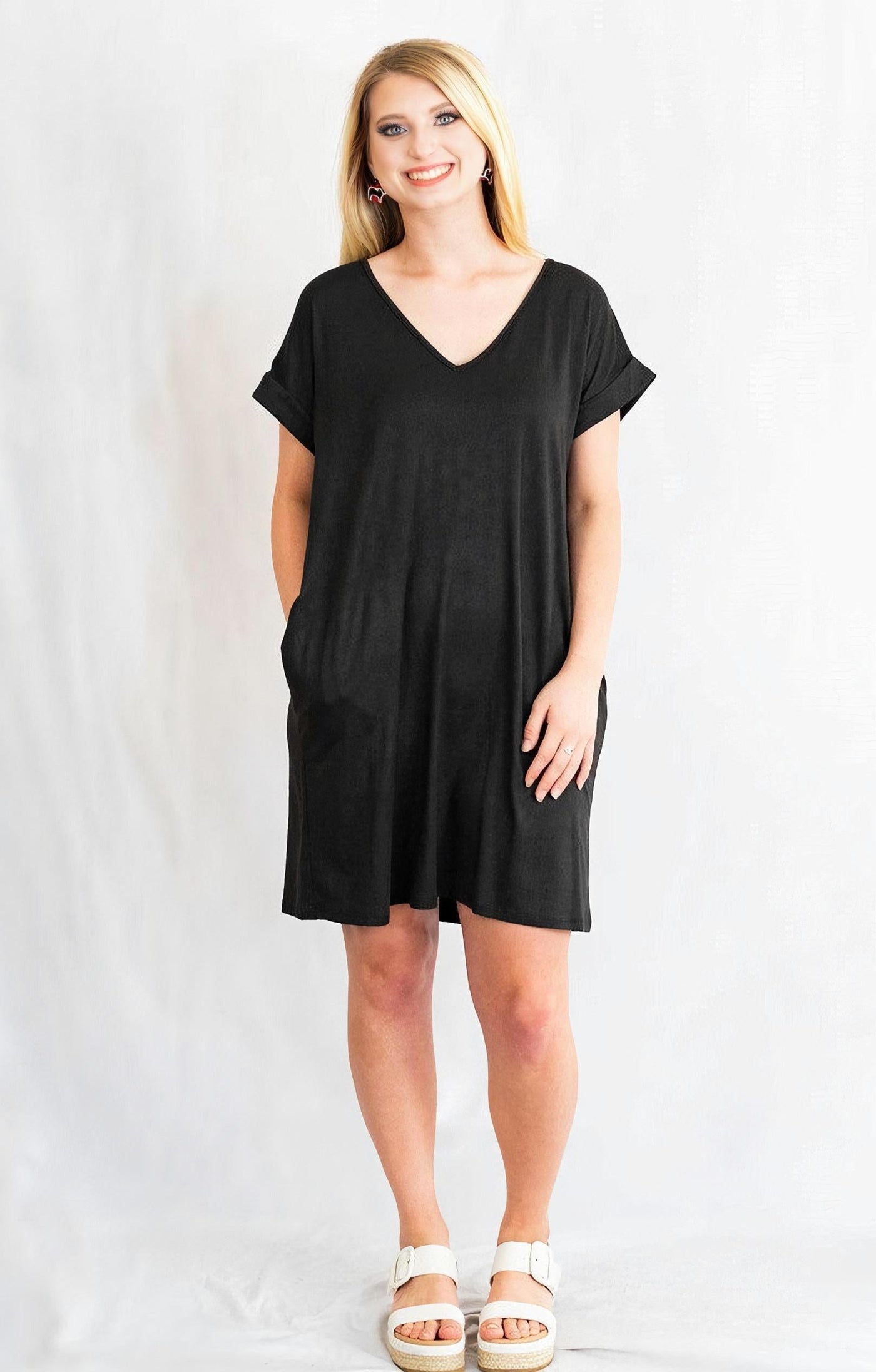 Cuffed Sleeve V-Neck T-Shirt Dress with Pockets by Entro