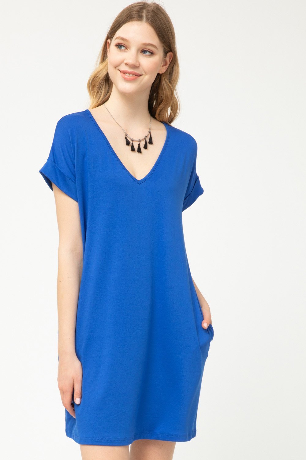 Cuffed Sleeve V-Neck T-Shirt Dress with Pockets by Entro