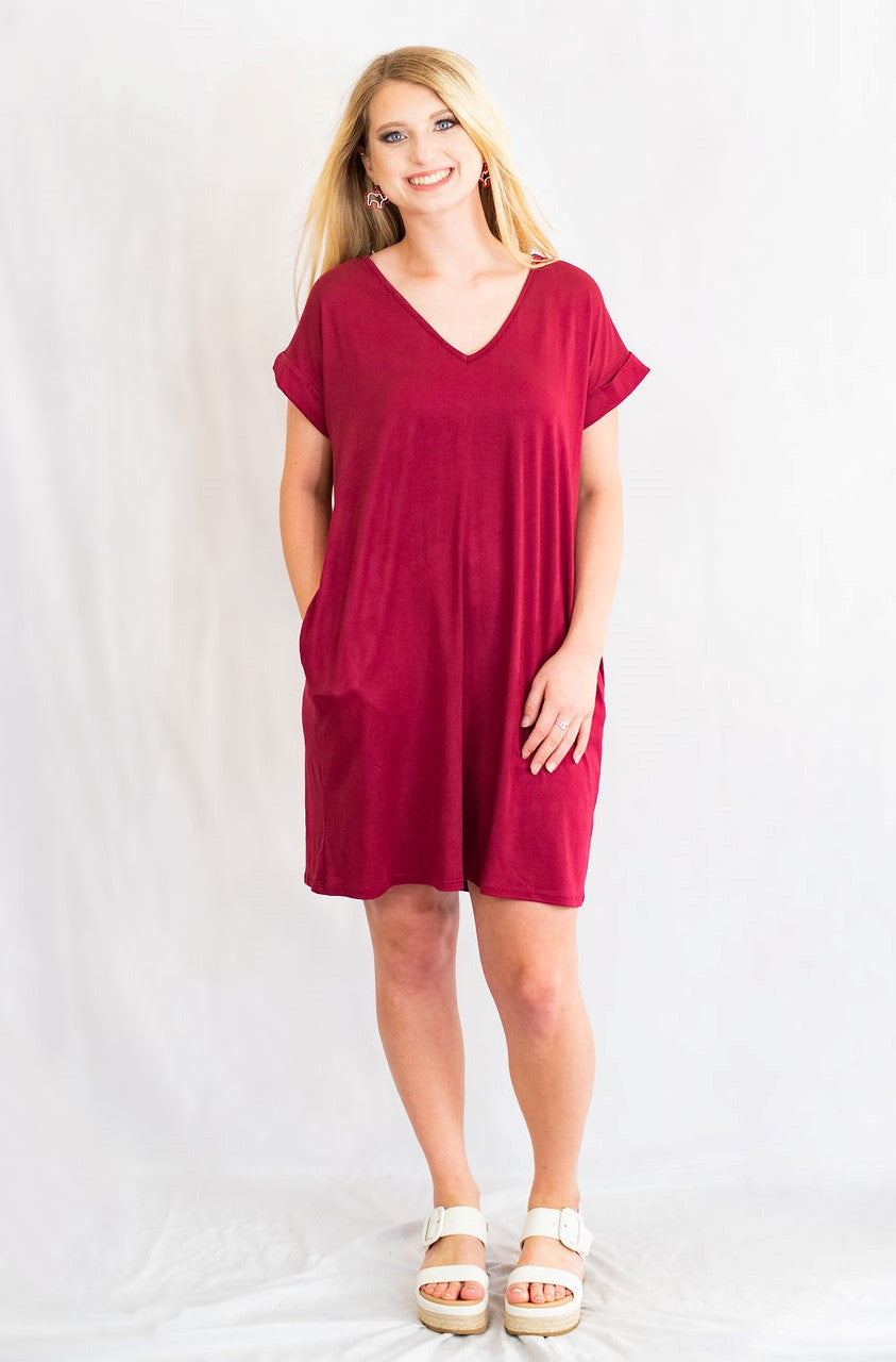 Cuffed Sleeve V Neck T Shirt Dress with Pockets by Entro