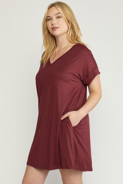 Cuffed Sleeve V-Neck T-Shirt Dress with Pockets in Plus Size by Entro