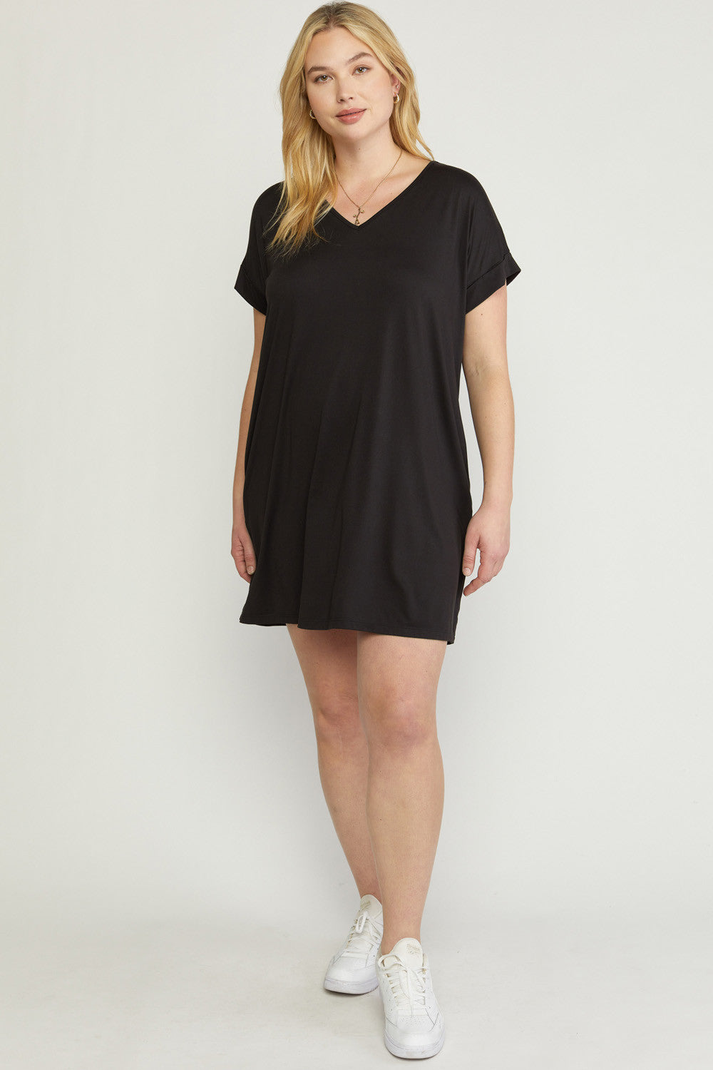 Cuffed Sleeve V-Neck T-Shirt Dress with Pockets in Plus Size by Entro