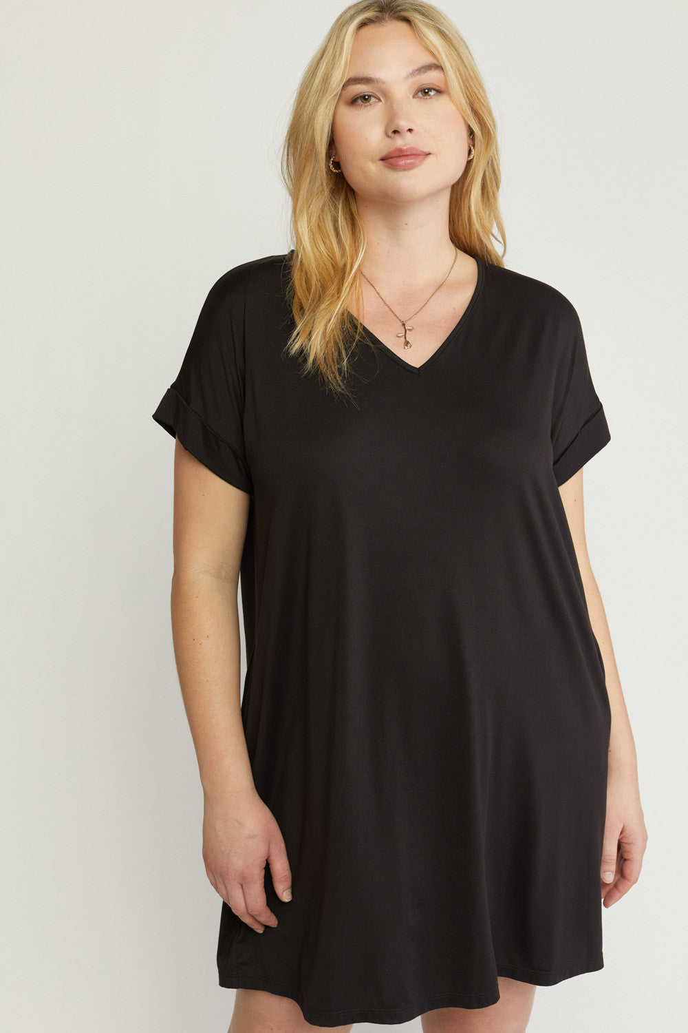 Cuffed Sleeve V Neck T Shirt Dress with Pockets in Plus Size by Entro Hometown Heritage Boutique