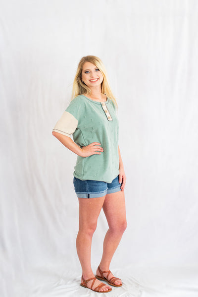 Distressed Knit Colorblock Short Sleeve Top by BiBi Clothing