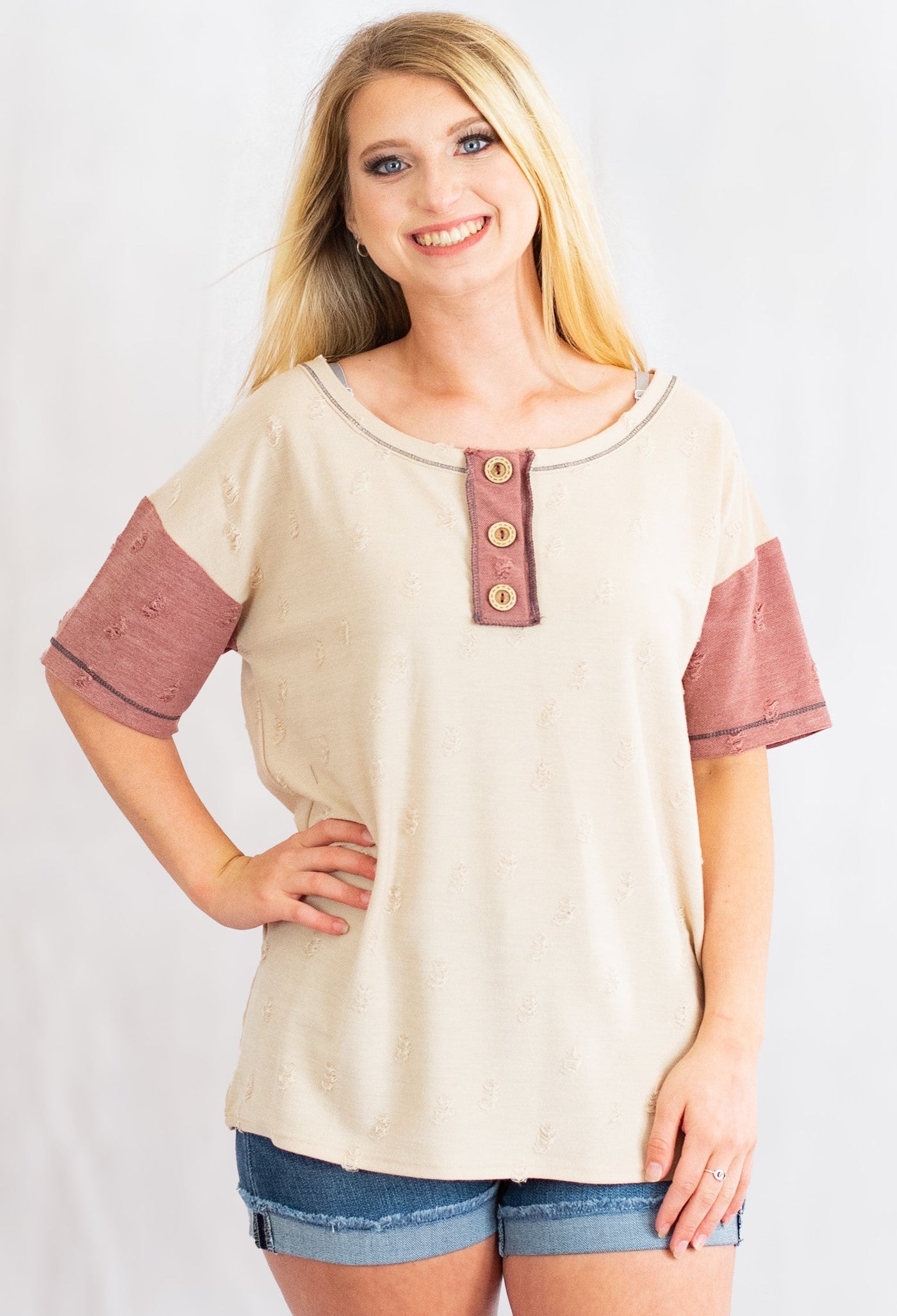 Distressed Knit Colorblock Short Sleeve Top by BiBi Clothing