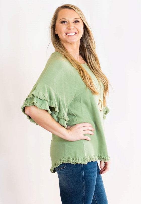 Double Ruffle Sleeve Linen Tunic Top with Frayed Hem by Umgee Clothing