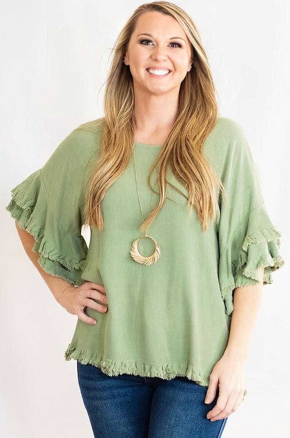 Double Ruffle Sleeve Linen Tunic Top with Frayed Hem by Umgee Clothing