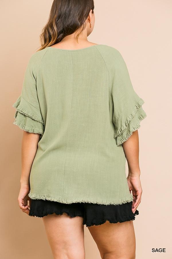 Double Ruffle Sleeve Linen Tunic Top with Frayed Hem in Plus Size by Umgee Clothing