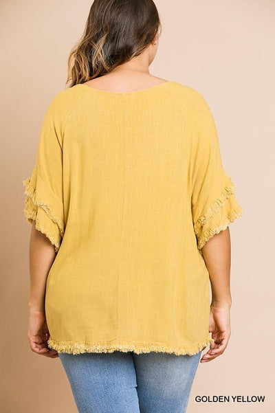 Double Ruffle Sleeve Linen Tunic Top with Frayed Hem in Plus Size by Umgee Clothing