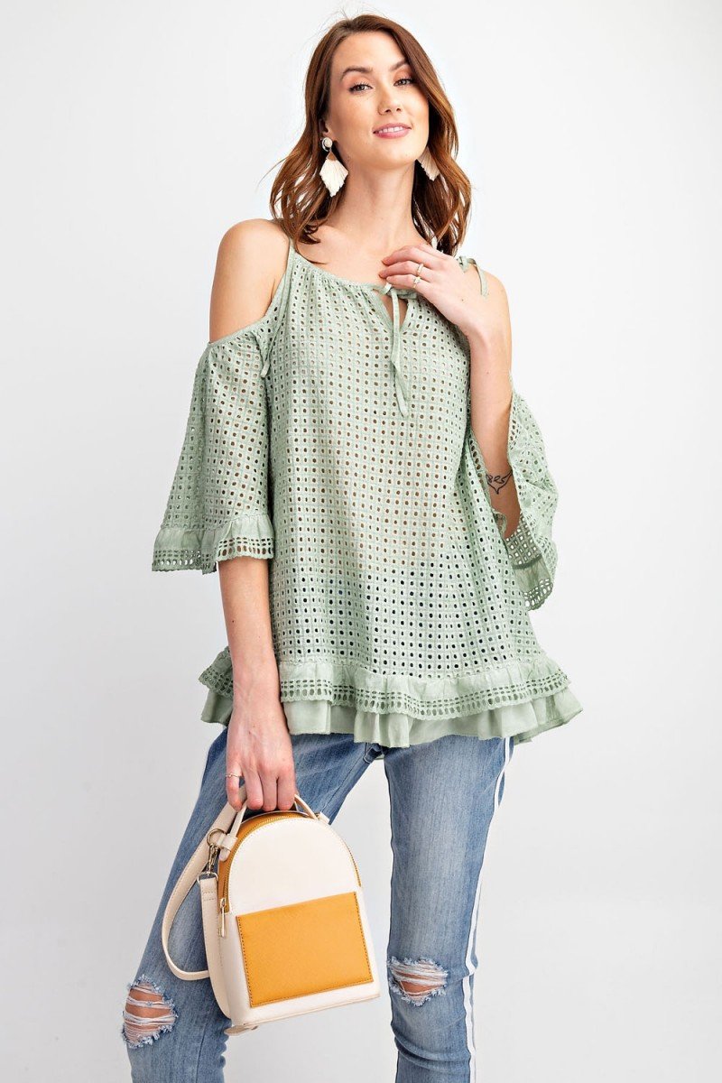 Eyelet Fabric Cold Shoulder Top with Ruffle Hem by Easel Clothing