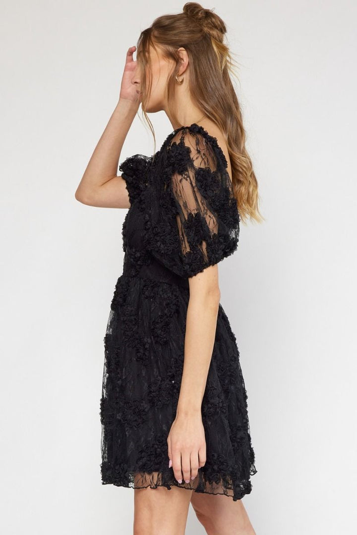Entro Floral Applique Square Neck Puff Sleeve Black Mini Dress – Hometown  Heritage Boutique