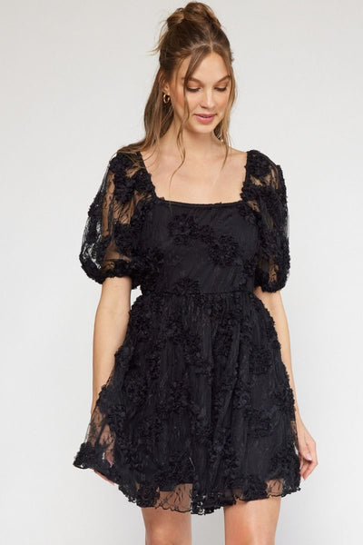 Floral Applique Square Neck Puff Sleeve Black Mini Dress by Entro Clothing