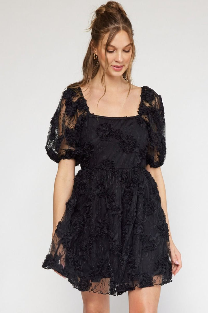 Entro Floral Applique Square Neck Puff Sleeve Black Mini Dress  Hometown  Heritage Boutique