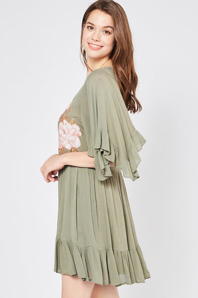 Floral Embroidered Boho Ruffle Hem Dress by Entro