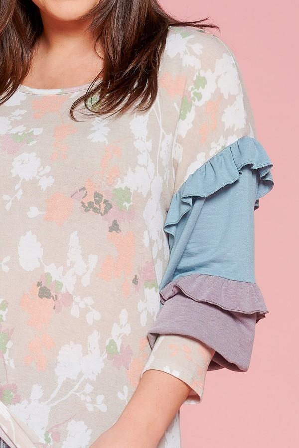 Floral Knit Top with Color Block Ruffle Sleeves in Plus by Oddi