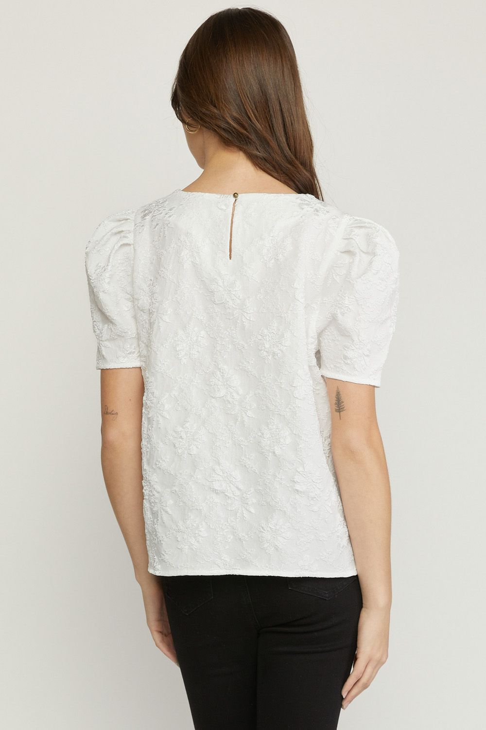 Floral Print Jacquard Puff Sleeve Top by Entro Clothing