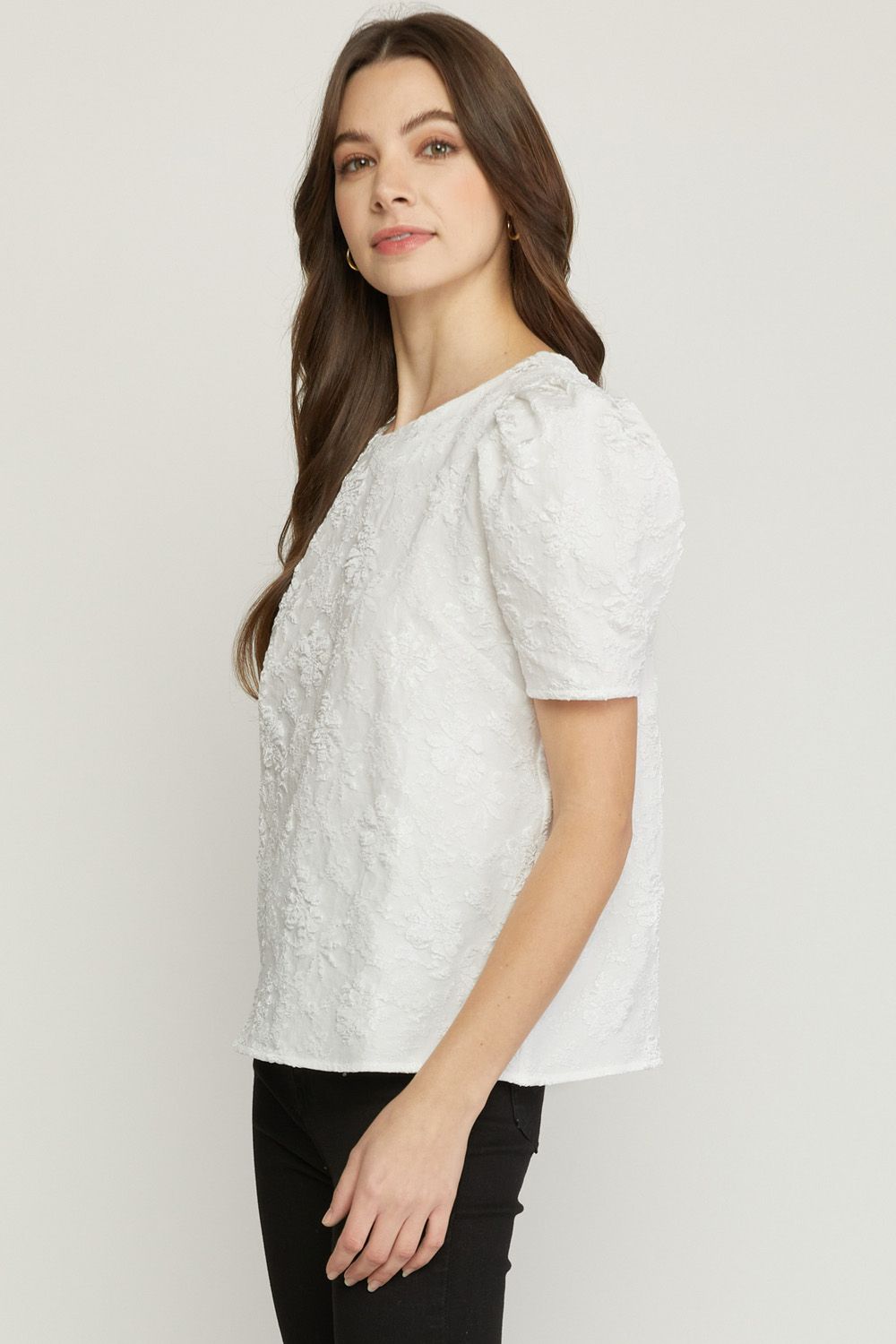 Floral Print Jacquard Puff Sleeve Top by Entro Clothing