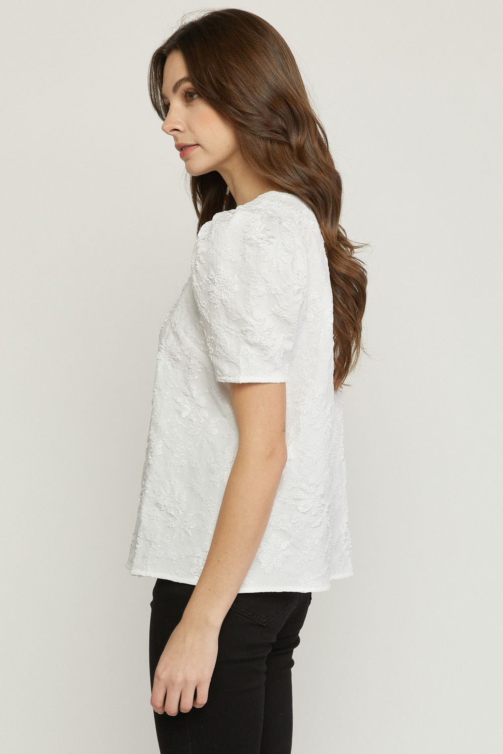 Floral Print Jacquard Puff Sleeve Top by Entro Clothing