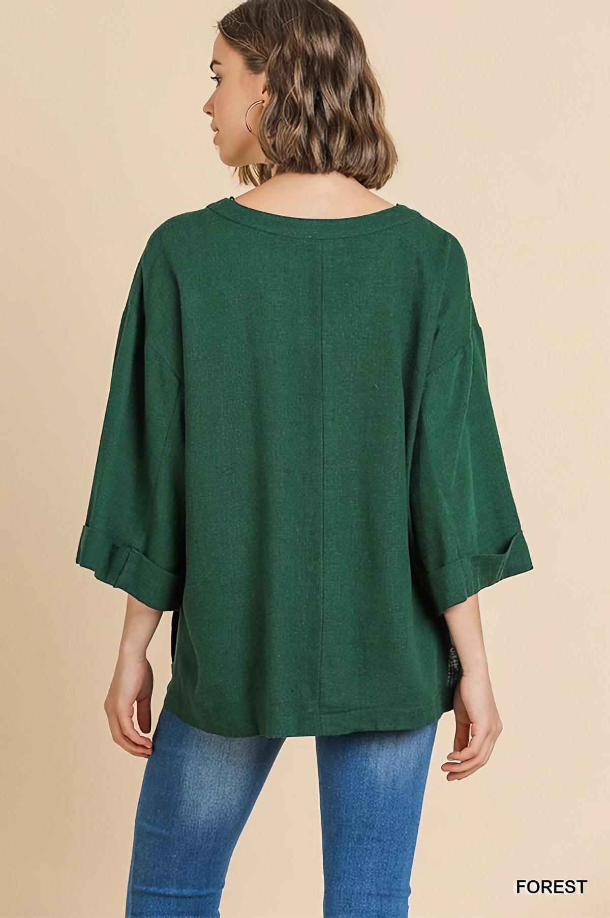 Folded Sleeve V-Neck Top with High Low Side Slit by Umgee