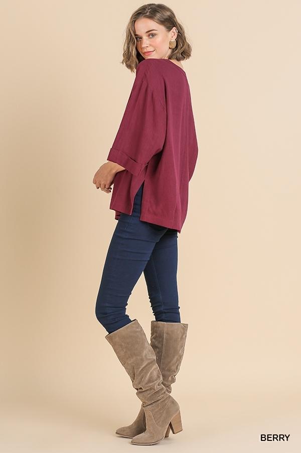 Folded Sleeve V-Neck Top with High Low Side Slit by Umgee