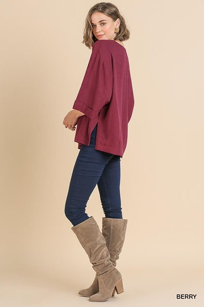 Folded Sleeve V-Neck Top with High Low Side Slit by Umgee