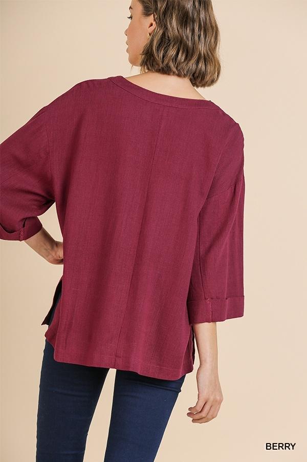 Folded Sleeve V-Neck Top with High Low Side Slit by Umgee