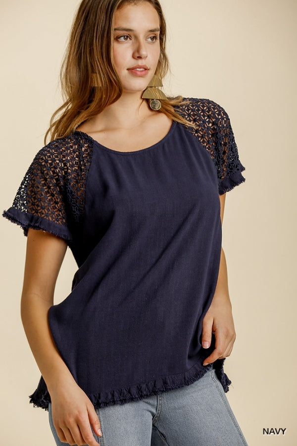 Frayed Hem Linen Tunic Top with Floral Crochet Sleeves by Umgee Clothing