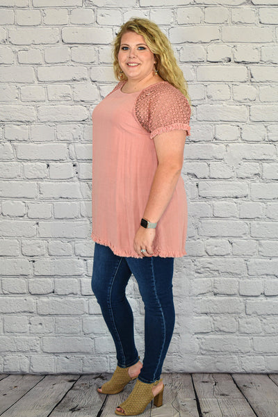 Frayed Hem Linen Tunic Top with Floral Crochet Sleeves in Plus Size by Umgee Clothing