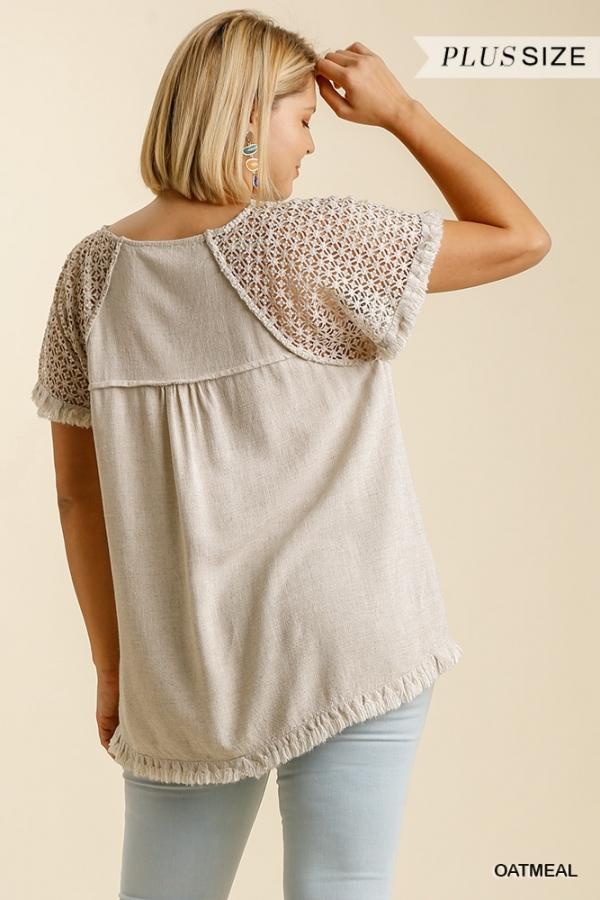 Frayed Hem Linen Tunic Top with Floral Crochet Sleeves in Plus Size by Umgee Clothing