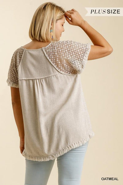 Frayed Hem Linen Tunic Top with Floral Crochet Sleeves in Plus Size by Umgee Clothing