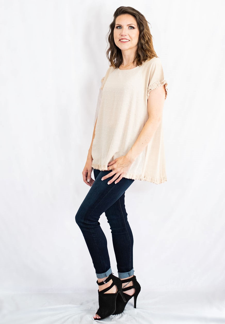 Frayed Hem Linen Tunic Top with Swiss Dot Detail by Umgee Clothing