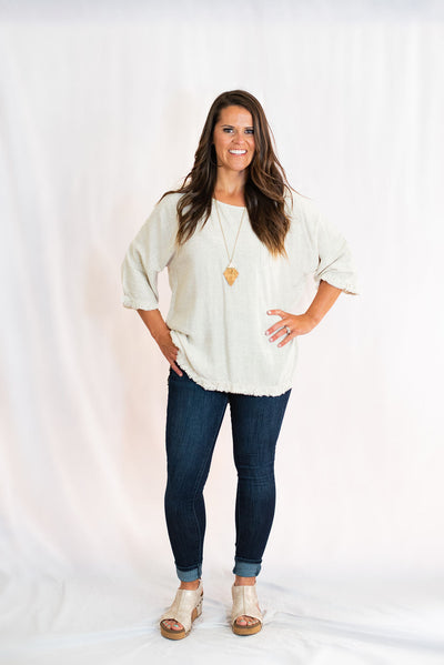 Frayed Hem Top with Long Bell Sleeves and Chest Pocket by Umgee Clothing